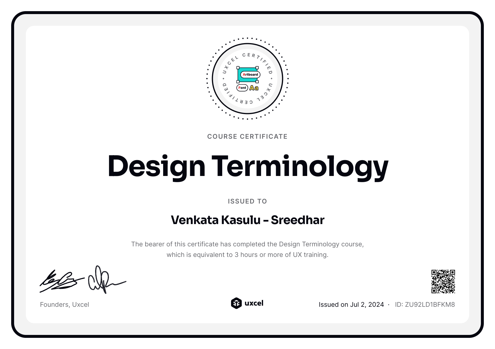 Venkata Kasulu - Sreedhar's certificate